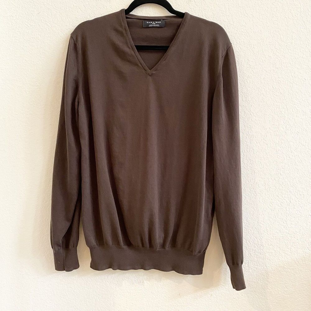 Zara Man V Neck Pullover Knit Sweater‎ Mens Size L Brown Ribbed Cuffs